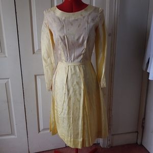 Vintage 1960s Brocade Yellow Dress Handmade Long Sleeve